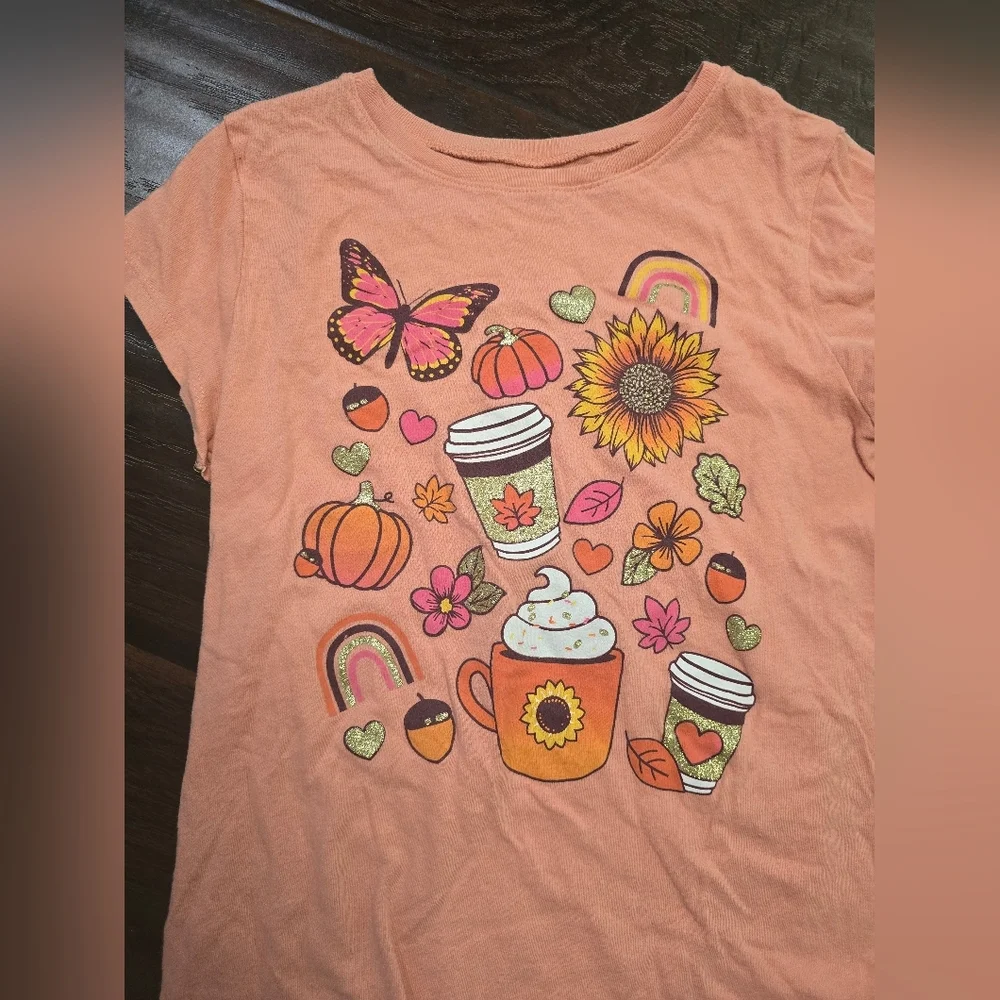 Children's Place Orange Fall Pumpkin Latte Casual Girls Tee Shirt Large